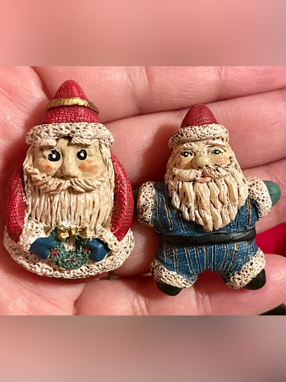 Hand-Painted Santa Figurine Brooch Set - Red & Blue Holiday Accents